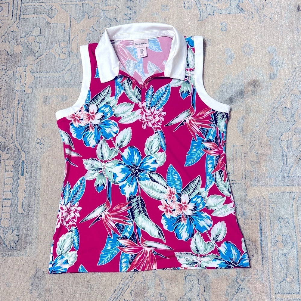 Tommy Bahama Floral Golf Active Sleeveless Polo Shirt Pink White Size M